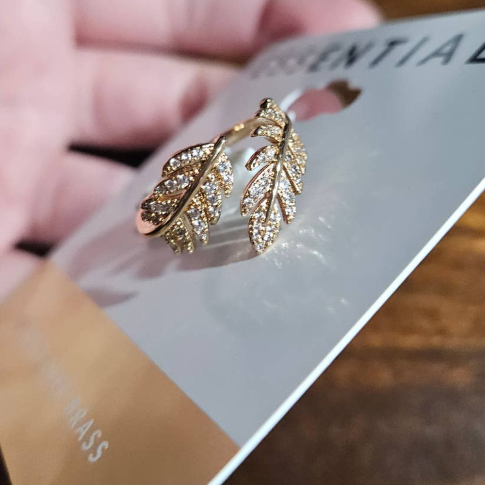 NEW! Essentials 18K Gold Over Brass Adjustable Cubic Zirconia Inlaid Leaf Ring